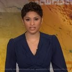Jericka's navy pleated v-neck dress on CBS Evening News