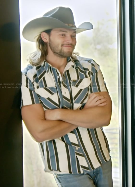 Jesse's blue striped shirt on The McBee Dynasty Real American Cowboys