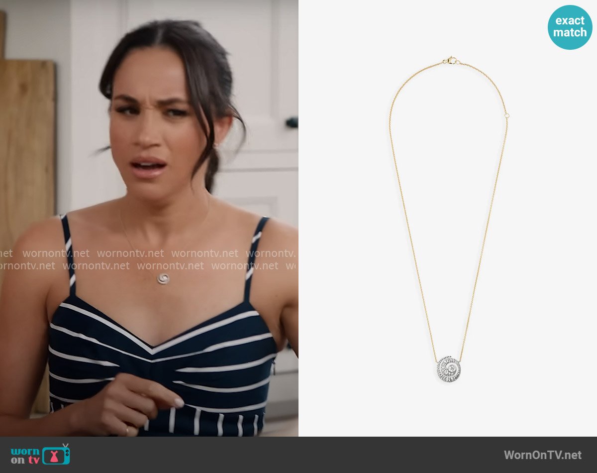 Jessica McCormack Tattoo Diamond & Blackened Gold Pendant worn by Meghan Markle on With Love Meghan