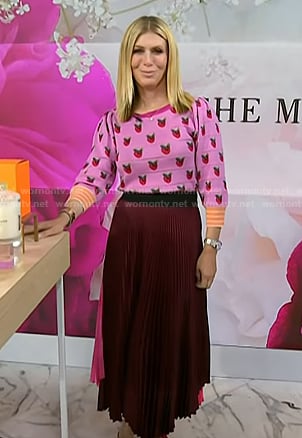 Jill's pink strawberry sweater and pleated skirt on Today