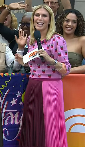 Jill’s pink strawberry sweater and pleated skirt on Today