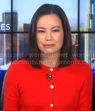Jo Ling Kent's red short sleeve cardigan on CBS Mornings