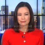 Jo Ling Kent’s red short sleeve cardigan on CBS Mornings