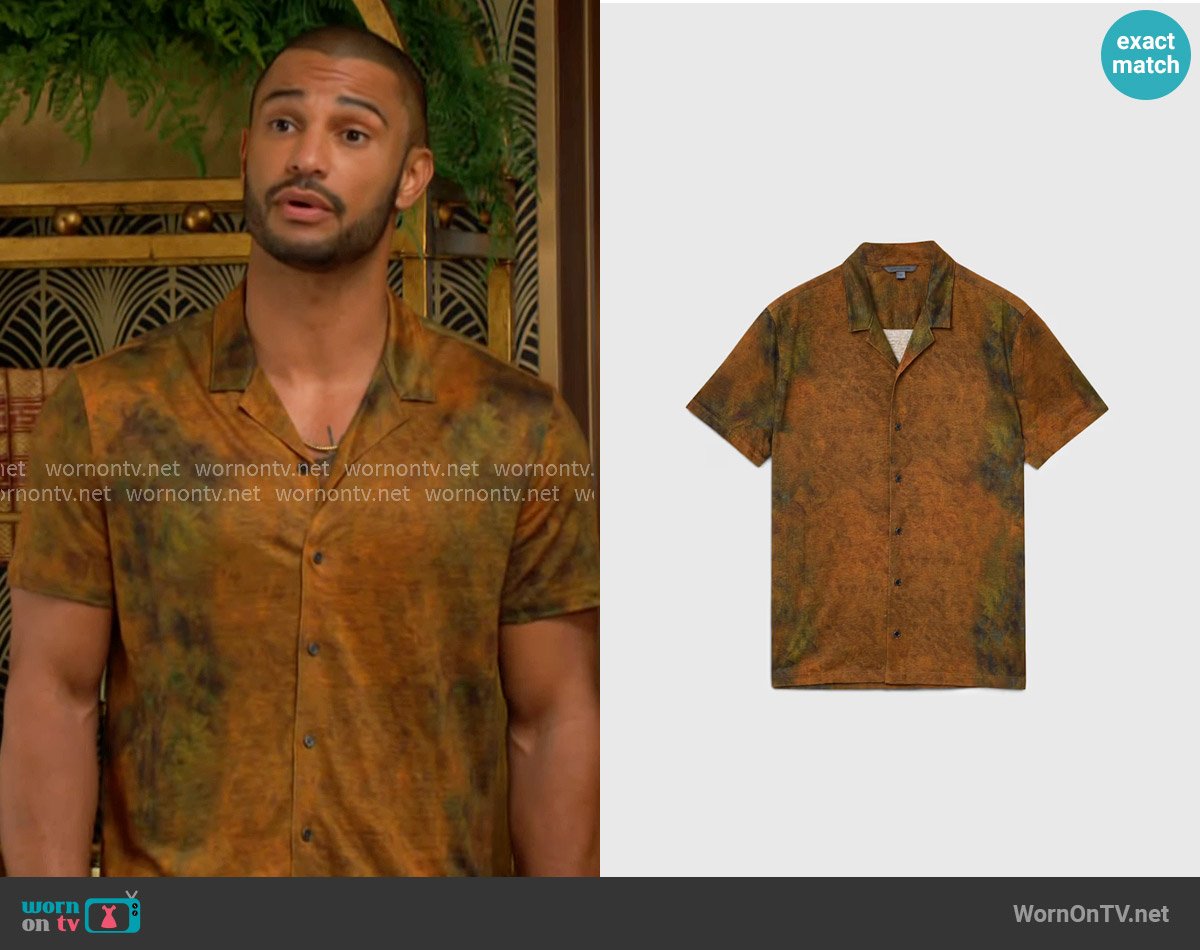 John Varvatos Agosta Camp Shirt in Sandstone HT worn by Holden Novak (Nathan Owens) on The Young and the Restless