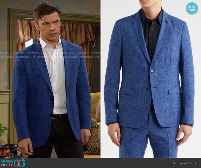 John Varvatos Varick Slim Fit Wool & Linen Blend Blazer in Blue Slub worn by Xander Kiriakis (Paul Telfer) on Days of our Lives