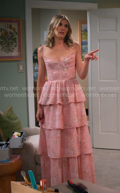 Josie's pink floral flower girl dress on Leanne