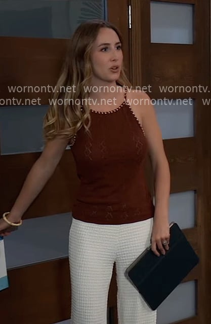 Josslyn’s brown knit top with beaded trim on General Hospital