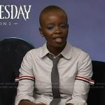 Joy Sunday’s pinstripe shirt and skirt on Access Hollywood