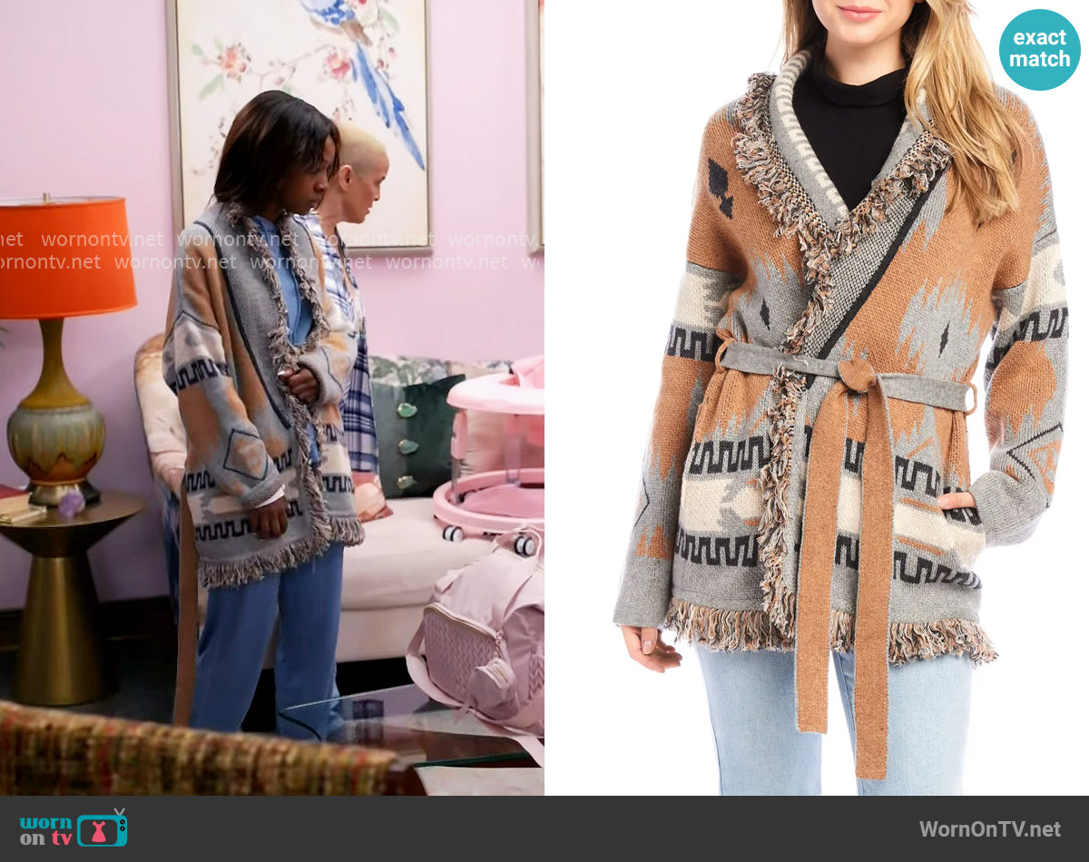 Karen Kane Jacquard Belted Cardigan worn by Karen Mott (Ebony Obsidian) on Tyler Perrys Sistas