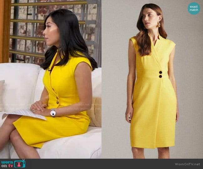 Karen Millen Collar Wrap Popper Dress in Yellow worn by Selina Wang on Good Morning America