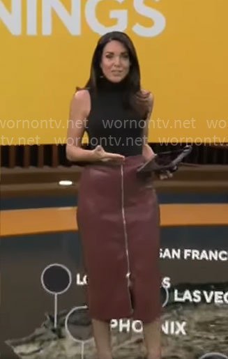 Kate Bilo’s burgundy leather zip-front skirt on CBS Mornings
