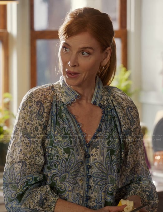 Katherine's blue floral print button down top on My Life with the Walter Boys