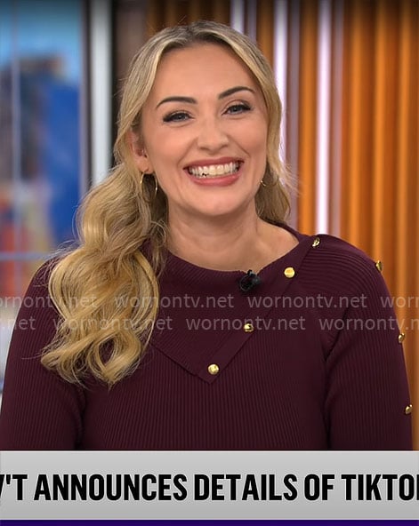 Kelly O’Grady’s purple knit dress with buttons on CBS Mornings