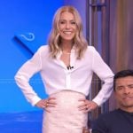 Kelly’s white blouse and embellished skirt on Live with Kelly and Mark