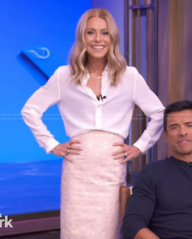 Kelly's white blouse and embellished skirt on Live with Kelly and Mark