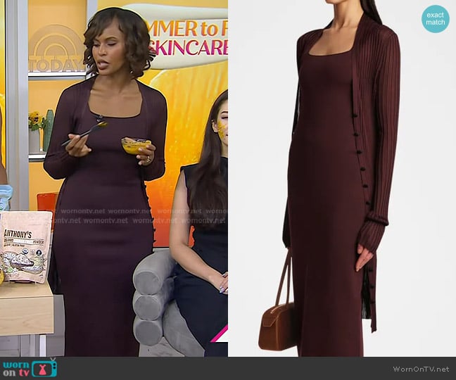 Khaite Ramon Wide Rib V-Neck Long Cardigan in Almandine worn by Sabrina Elba on Today