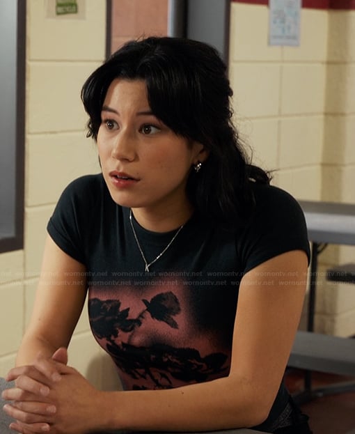 Kiley's black floral print tee on My Life with the Walter Boys