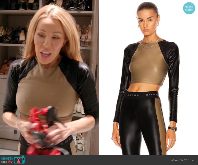 Koral Sideline Infinity Long Sleeve Crop Top in Coriander & Black worn by Lisa Hochstein (Lisa Hochstein) on The Real Housewives of Miami