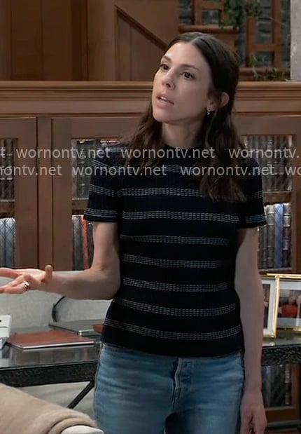 Kristina’s navy striped rib knit top on General Hospital