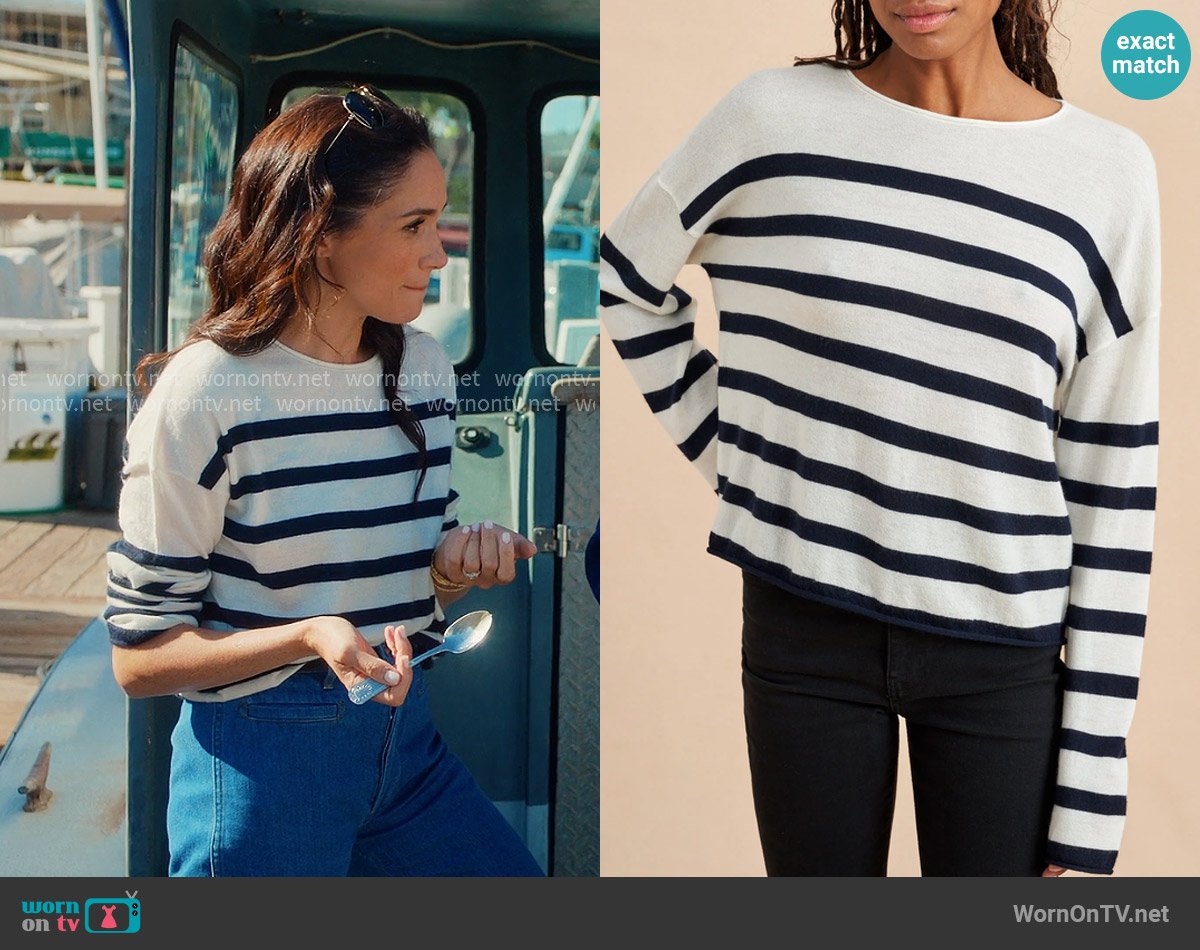 La Ligne Mini Featherweight Roll Neck Sweater in Cream Navy worn by Meghan Markle on With Love Meghan