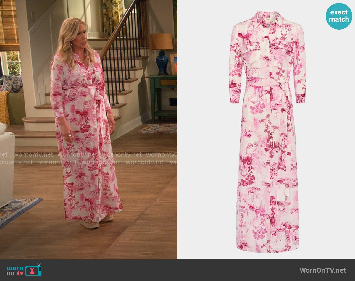 L'Agence Cameron Maxi Shirtdress in White/ Pink Porcelain Toile worn by Leanne Murphy (Leanne Morgan) on Leanne