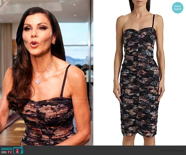 L'Agence Caprice Floral Strapless Midi-Dress worn by Heather Dubrow on The Real Housewives of Orange County