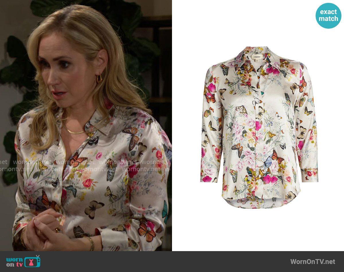 L'Agence Dani Blouse in Charonda Butterfly worn by Bridget Forrester (Ashley Jones) on The Bold and the Beautiful