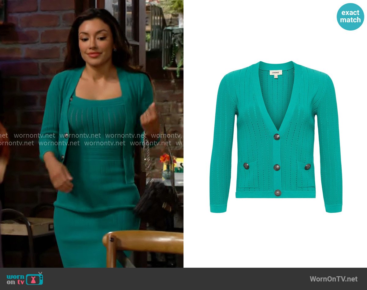 L'Agence Irvin Pointelle Knit Cardigan in Lagoon / Ant Nickel worn by Audra Charles (Zuleyka Silver) on The Young and the Restless