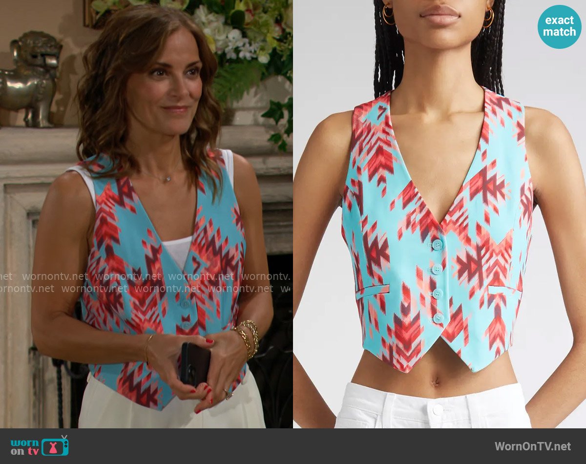 L'Agence Jianna Vest in Pool Blue Ganado Print worn by Taylor Hayes (Rebecca Budig) on The Bold and the Beautiful