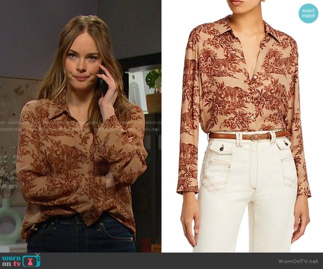 L'Agence Nina Print Silk Shirt in Macaroon M Safari Scnc worn by Stephanie Johnson (Abigail Klein) on Days of our Lives