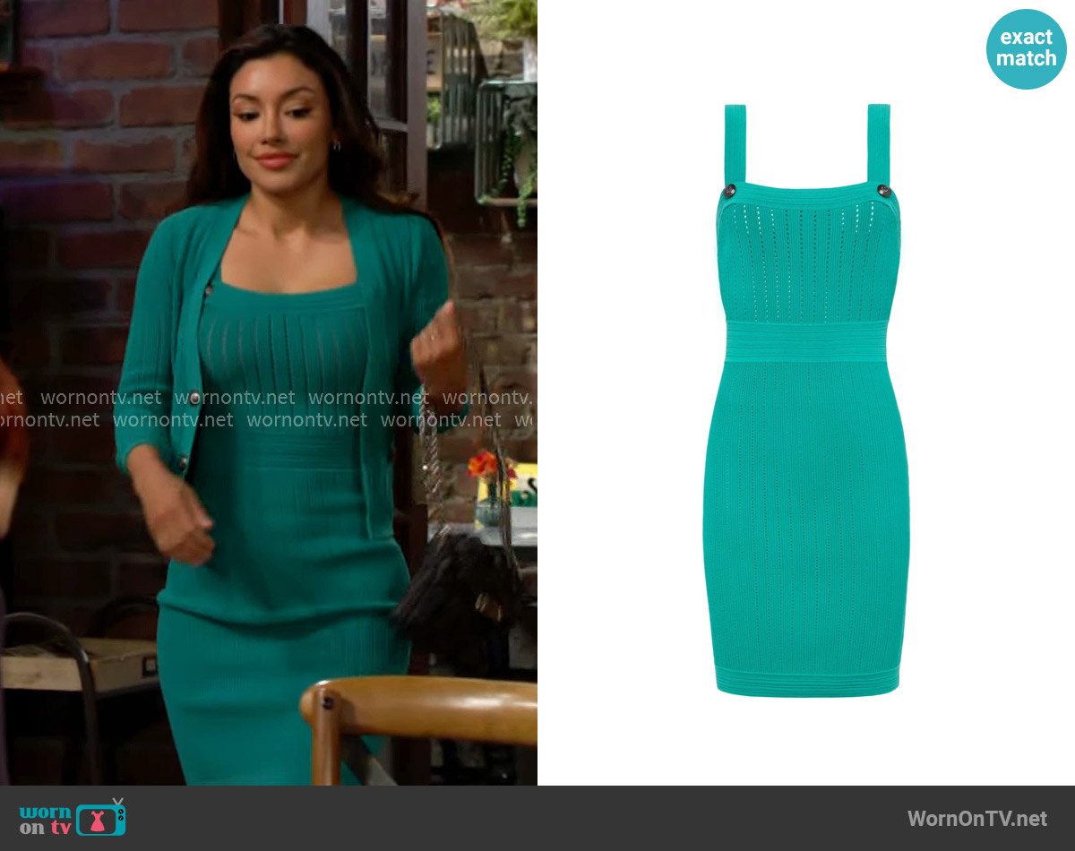 L'Agence Rehannin Pointelle Knit Dress in Lagoon / Ant Nickel worn by Audra Charles (Zuleyka Silver) on The Young and the Restless