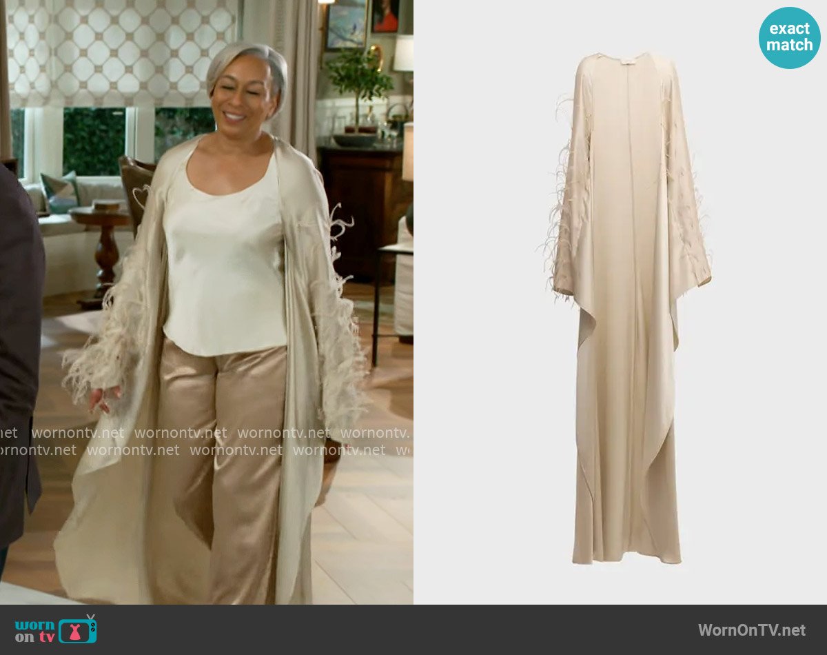 Lapointe Feather-Embellished Doubleface Satin Long-Sleeve Caftan worn by Anita Dupree (Tamara Tunie) on Beyond the Gates