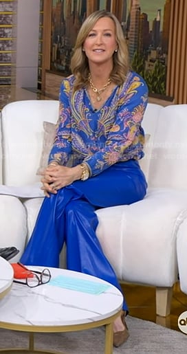 Lara's blue feather print blouse and leather pants on Good Morning America