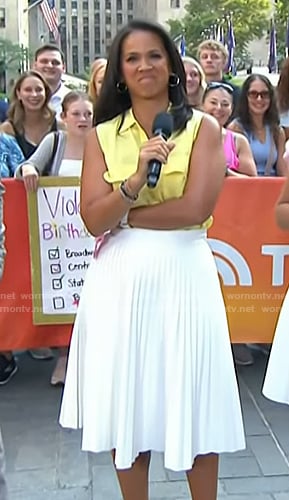 Laura’s yellow sleeveless shirt and white pleated skirt on Today