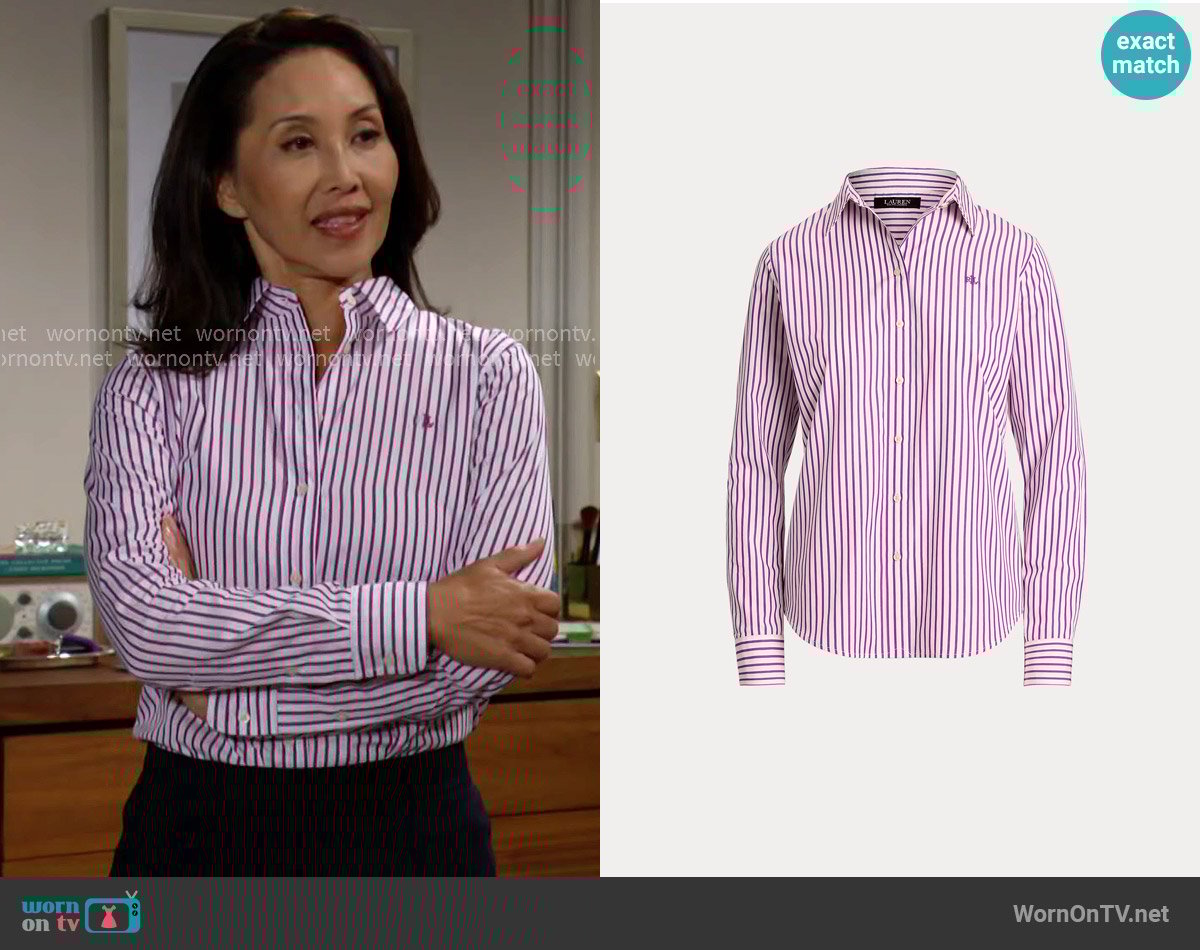 LAUREN Ralph Lauren Classic Fit Striped Broadcloth Shirt worn by Li Finnegan (Naomi Matsuda) on The Bold and the Beautiful
