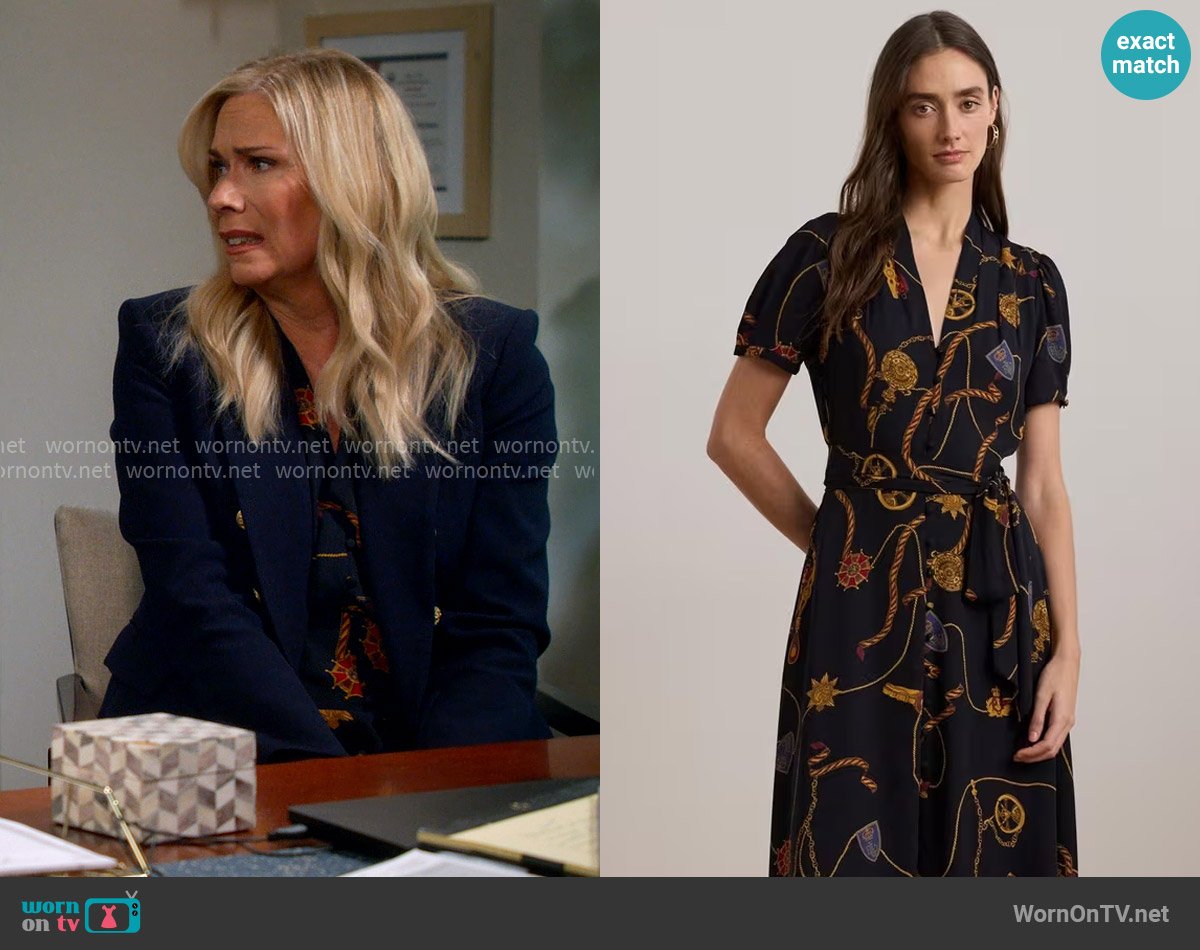 LAUREN Ralph Lauren Nautical Print Belted Georgette Shirtdress worn by Leanne Murphy (Leanne Morgan) on Leanne