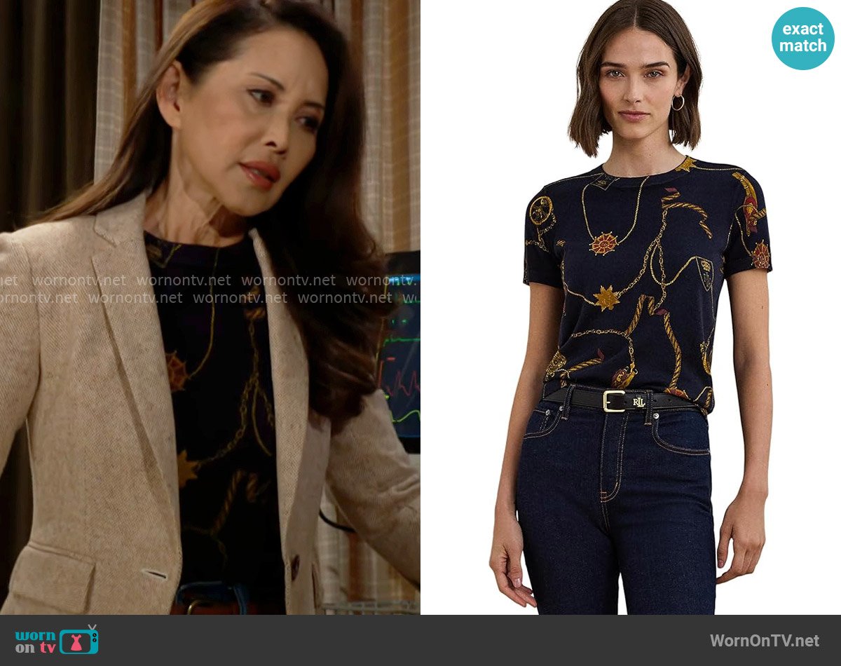 LAUREN Ralph Lauren Print Cotton-Blend Short-Sleeve Sweater worn by Li Finnegan (Naomi Matsuda) on The Bold and the Beautiful