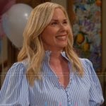 Leanne’s blue striped ruffle neck top on Leanne