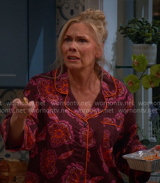 Leanne's burgundy floral pajamas on Leanne