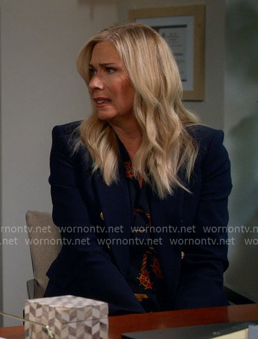 Leanne's nautical print dress and navy blazer on Leanne