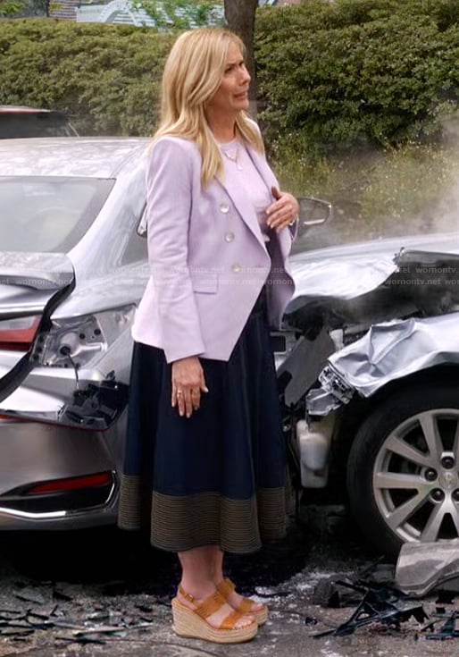 Leanne’s purple blazer and denim skirt on Leanne
