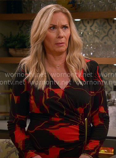 Leanne's red and black printed wrap dress on Leanne