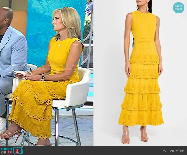 Lela Rose Crochet Ruffle Pointelle Knit Sleeveless Midi Dress in Mustard worn by Misty Belles on Today