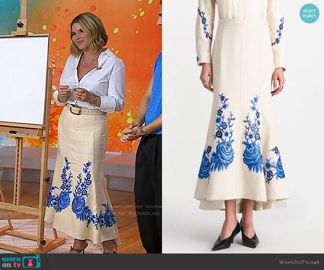 Lela Rose Floral Thread Embroidery Trumpet Skirt in Ivory worn by Jenna Bush Hager on Today
