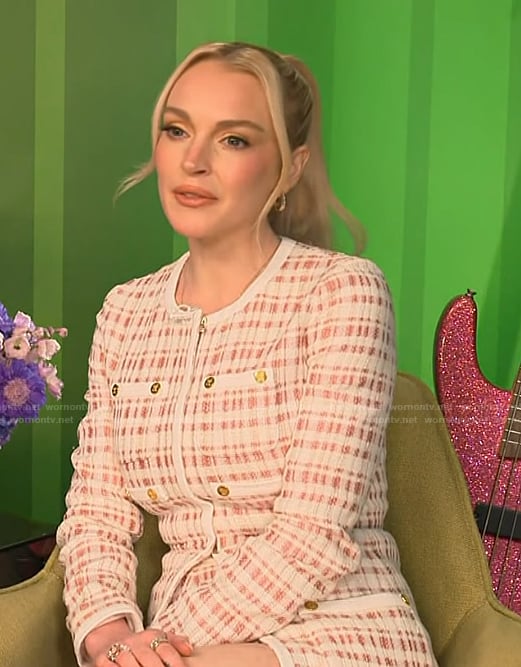 Lindsay Lohan's pink tweed mini dress on Access Hollywood