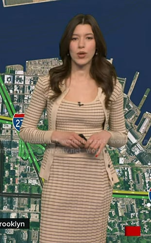 Lindsay Tuchman's beige striped top and cardigan on Good Morning America