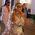 Lisa’s printed sheer blouse and skirt on The Real Housewives of Miami