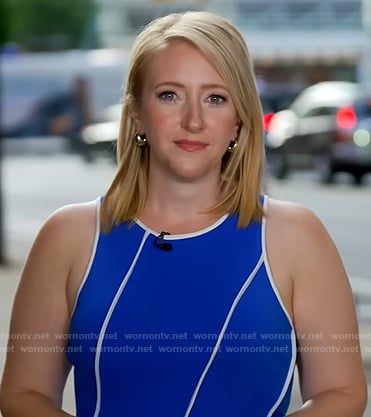 Lisa Rozner’s blue sleeveless dress on CBS Evening News