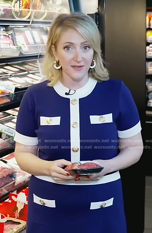 Lisa Rozner’s navy contrast trim dress on CBS Evening News