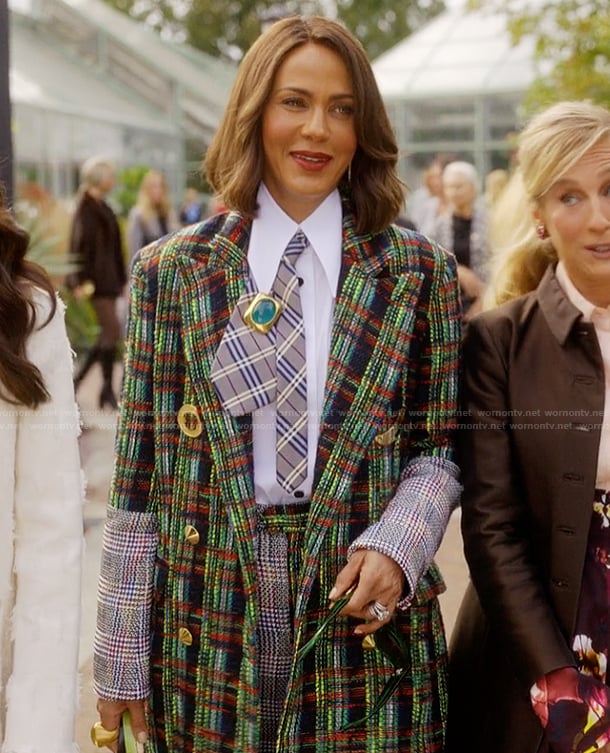 Lisa's mixed plaid coat and pants on And Just Like That